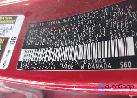 2015 Toyota Corolla Le from USA, damaged, VIN 2T1BURHE6FC246955